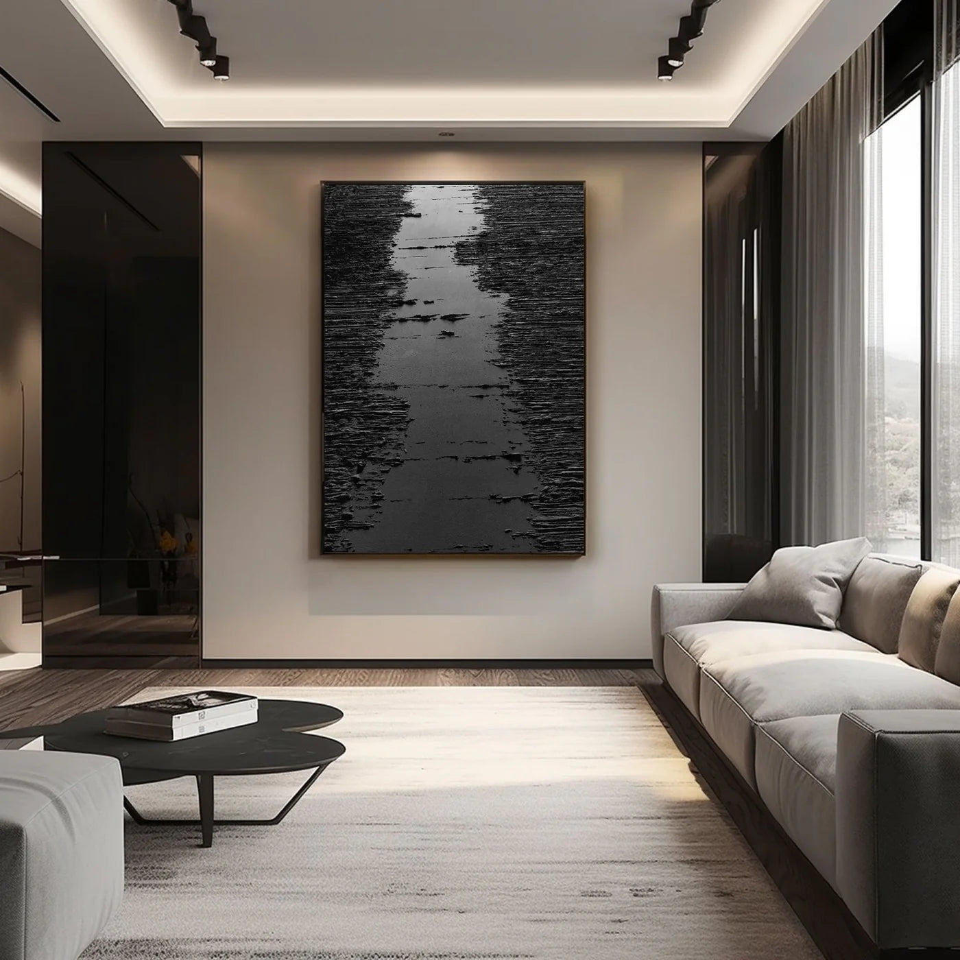 Minimalist Black Oil Painting "Midnight Path"