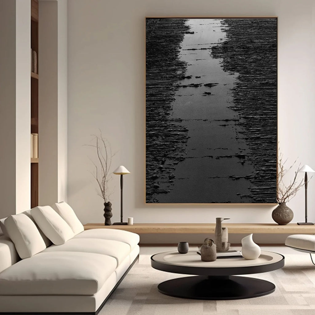Minimalist Black Oil Painting "Midnight Path"